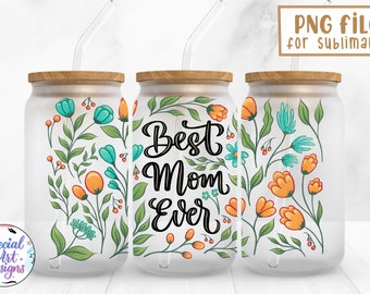 Diseño de sublimación para envoltorio de lata de vidrio Floral Mom Ever (descarga digital)