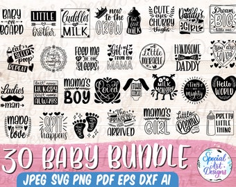 Paquete de diseños SVG para bebés: Frases para recién nacidos, baby shower (descarga digital)