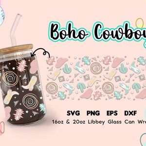 Libbey Glass 16oz | 20oz | Boho Cowgirl Libbey 16oz Glass Can Wrap | Western, Cowboy Boots | Groovy, Coffee Cup Svg | Fun Glass Art