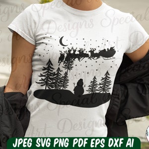 Kerstnacht Svg | Kerstman silhouet | Santa slee SVG | Sneeuwpop Svg-scène | Rendieren Svg | Sterrenhemel bos SVG | Pijnbomen | Cricut-bestanden