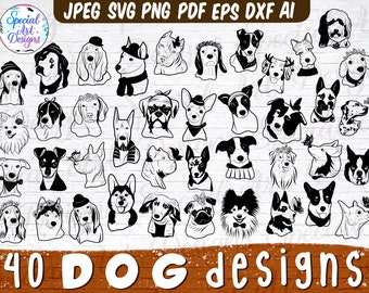 Op de afbeelding: Een set van 40 zwart-witte hondenillustraties in verschillende poses en rassen. De illustraties zijn in een eenvoudige, cartoonachtige stijl en zijn perfect voor gebruik in digitale of printprojecten.