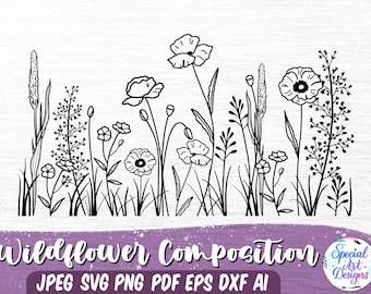 SVG de flores silvestres dibujadas a mano: Clipart de boceto floral (descarga digital)