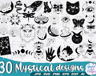 Mystical Celestial SVG Bundle: Moon, Cat, Crystal Designs (Digital Download)
