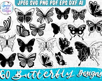 May include: A set of 60 black and white butterfly designs in various poses. The butterflies are all in a simple, minimalist style.