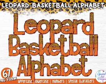 May include: A set of 67 digital clipart images featuring a leopard print basketball alphabet. The alphabet includes uppercase and lowercase letters, numbers, and special characters. The images are perfect for creating personalized designs for sports-themed projects.
