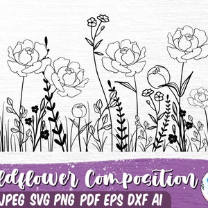 Wildflowers svg, Wildflower Clipart Svg, Hand Drawn Blooming Wildflower Svg, Floral Designs, flower sketch svg, Cricut Cut File, Silhouette