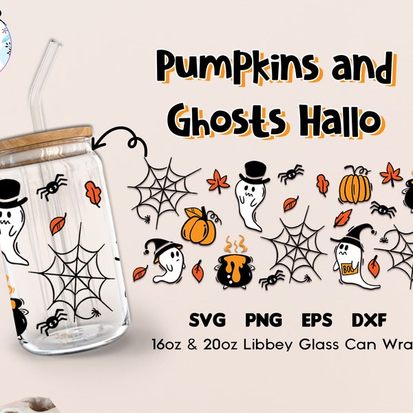 Pumpkins and Ghosts Hallo | 16oz Libbey Glass Can | Ready to Ship | Coffee Glass Cup | Svg Design | Digital Download | Gift for Halloween