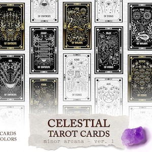 Baralho de tarô exclusivo Arcanos Menores svg V.1 | Cartas de Tarô Celestial Svg | Bruxa moderna mística | Tarô de bruxa básico svg | Lua | Estrelas | Sol Svg