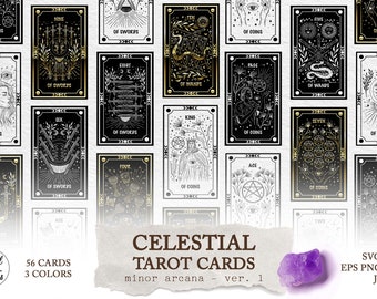 May include: A set of 56 celestial tarot cards featuring black and white illustrations with gold accents. The cards are arranged in a grid pattern and include the text "Celestial Tarot Cards" and "minor arcana - ver. 1".