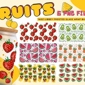 Fruits Glass Wraps Bundle, 16 oz Libbey Glass Can Tumbler Sublimation Design - 6 Design Digital Download PNG