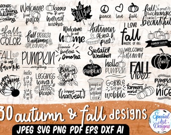 May include: A collection of 30 autumn and fall designs in black script. The designs include phrases like "Pumpkin Spice", "Fall Vibes", and "Happy Harvest". The image also includes file formats: JPEG, SVG, PNG, PDF, EPS, DXF, and AI.