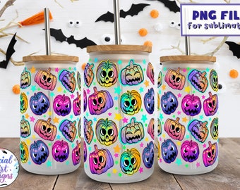 Fluo Pumpkins |16 oz Libbey Can Glass Wrap Sublimacja Design | Projekt Cyfrowe Pobieranie PNG