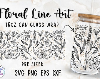 Floral Line Art 16oz Libbey Glass Can Wrap Cut File (Digital Download)