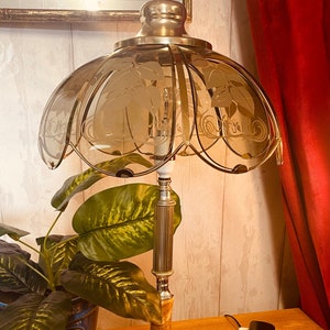 Amazing mid-century, smoked glass, etched, large table lamp