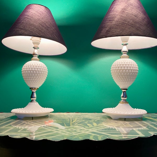 Vintage pair of white hobnail milk glass lamps with navy shades