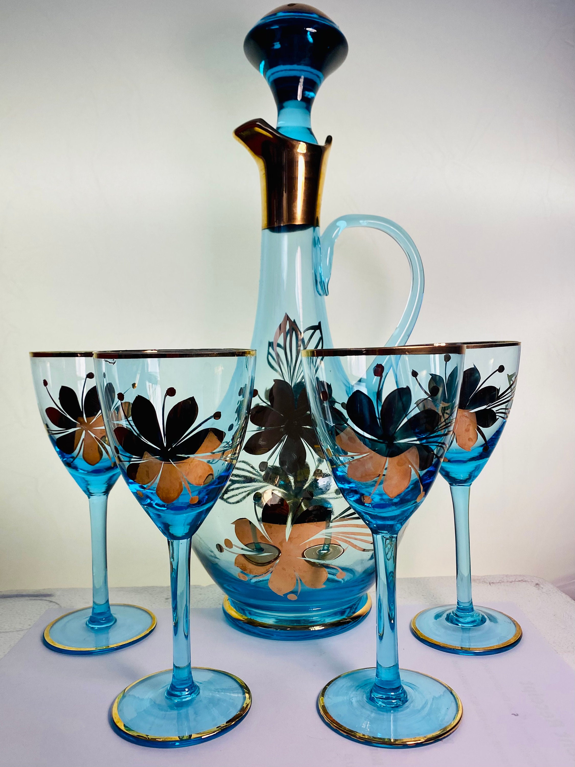 Vintage Blue Gold Glass Bohemian Romanian Wine Decanter Set 5