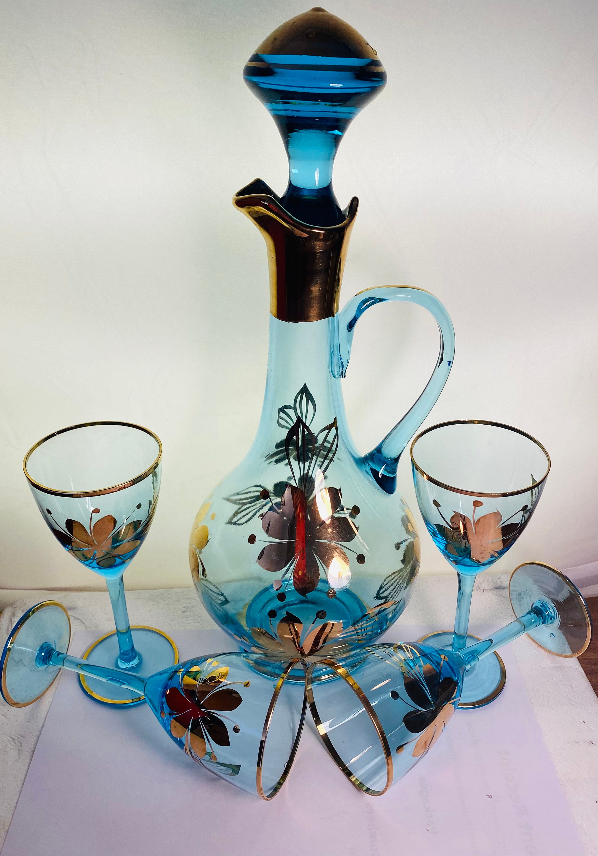 Vintage Blue Gold Glass Bohemian Romanian Wine Decanter Set 5