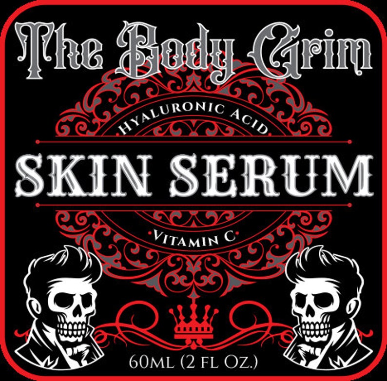 May include: Black and red label with ornate design featuring a skull graphic and the text "The Body Grim SKIN SERUM HYALURONIC ACID VITAMIN C 60ML (2 FL OZ.)"