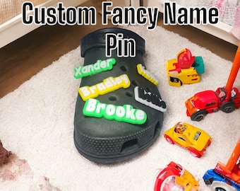 Croc Fancy Name Charm Pin Badge Set of 2 Custom Personalised Name Charm croc/clogs