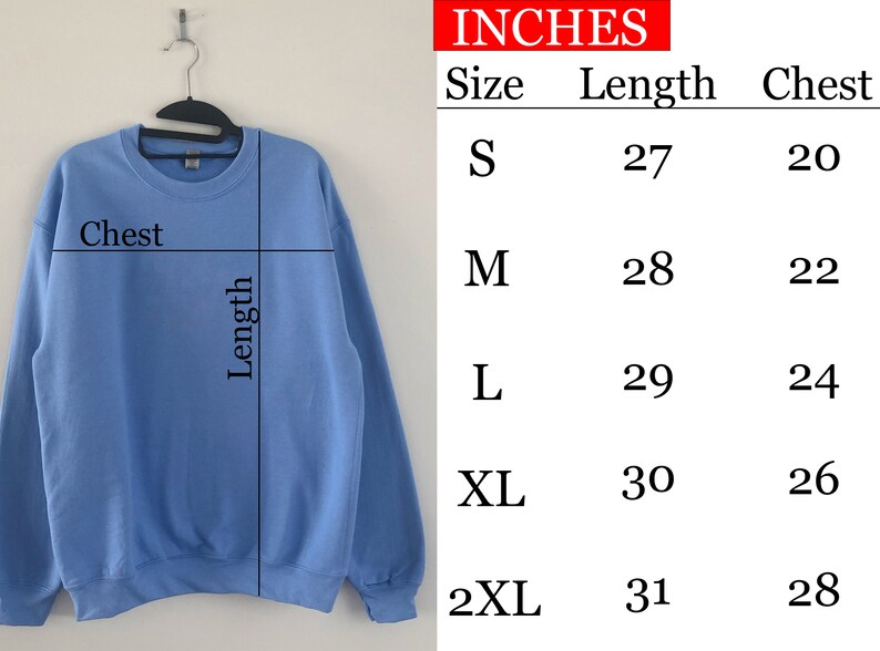 Pu&ograve; includere: Una felpa di colore blu chiaro con una tabella delle taglie che mostra le misure in pollici per le taglie S, M, L, XL e 2XL. La tabella mostra le misure del petto e della lunghezza.