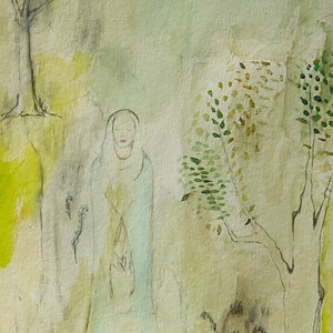 May include: A watercolor painting of a woman in a flowing blue robe standing in a forest. The background is a soft green and yellow, with trees and ferns. The text "Softly Painted Stories" is written at the bottom of the painting.