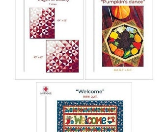 Pacote de padrões 3 em 1. Os padrões incluem padrão de colcha "Edges of beauty", mini colcha "Bem-vindo" e tampo de mesa "Dança de abóbora".