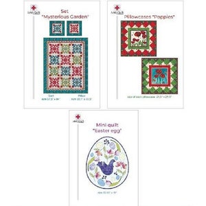 May include: A white graphic with three quilt patterns: "Mysterious Garden", "Pillowcases Poppies", and "Easter Egg". The "Mysterious Garden" quilt set includes a quilt and two pillowcases. The "Pillowcases Poppies" set includes two pillowcases. The "Easter Egg" is a mini quilt.