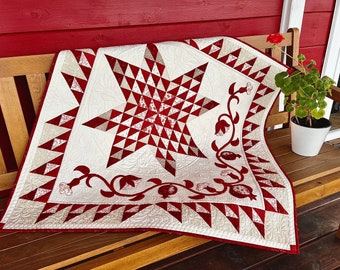 Colcha "Ruby Star" 87"x 87". Instruções simples em PDF para criar esta linda colcha para ocasiões especiais - aniversário, casamento, etc.