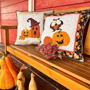Op de afbeelding: Twee Halloween-kussens op een houten bank. Een kussen heeft een pompoen met een heksenhoed en de andere een pompoen met een uil erop. Op de voorgrond is een grote oranje pompoen en drie houten eenden te zien.