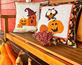 Padrão para criar conjunto de almofadas para crianças "Abóboras fofas". Tamanho 22" x 22" cada. Padrão PDF.