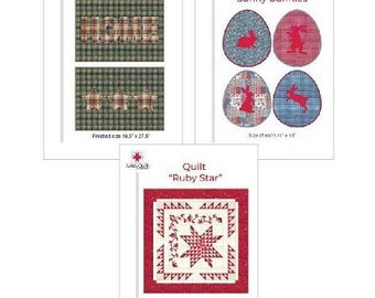 Pacote de padrões 3 em 1. Inclui travesseiro padrão "Para ele" 19,5' X 27,5", padrão de colcha "Ruby Star" 87" x 87", conjunto de esteiras de almoço "Sunny Bunnies"