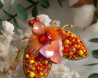 Hand-Embroidered Bug Brooch, Crystal Beadwork Pin