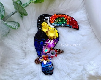 Handmade Embroidered Toucan Brooch, Colorful Bird Jewelry