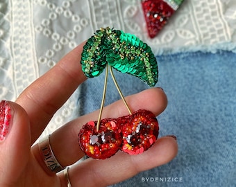 handmade cherry brooch, fruit brooch, embroidered cherry jewelry, summer gift for her, cherry pin, gift for her, Christmas gift