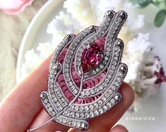 Glittery Feather Brooch: Handmade Rhinestone & Sequin Pin