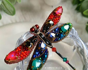 Beaded Dragonfly Brooch, Handmade Crystal Pin