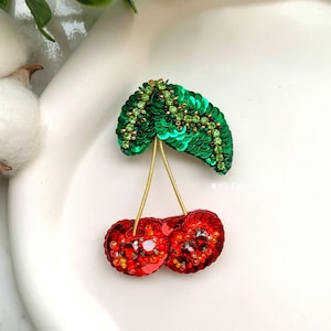 handmade cherry brooch, fruit brooch, embroidered cherry jewelry, summer gift for her, cherry pin, gift for her, Christmas gift