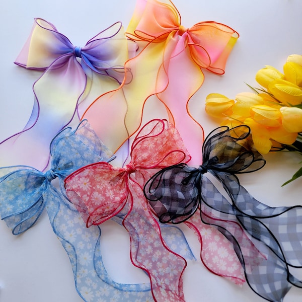 Hair Bow Women Girls Kids Long Tail Organza Sheer Hair bow Spring Summer Floral Hair Bow