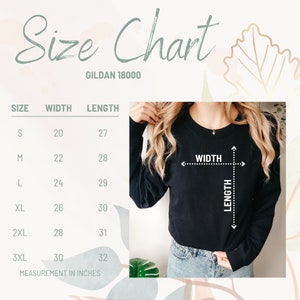 Peut inclure: Tableau des tailles pour les chemises Gildan 18000, indiquant les mesures de largeur et de longueur en pouces pour les tailles S, M, L, XL, 2XL et 3XL.