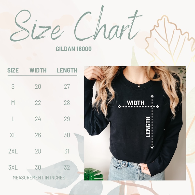 Peut inclure: Tableau des tailles pour les chemises Gildan 18000, indiquant les mesures de largeur et de longueur en pouces pour les tailles S, M, L, XL, 2XL et 3XL.