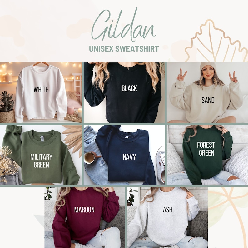 May include: A set of Gildan unisex sweatshirts in various colors, including white, black, sand, military green, navy, forest green, maroon, and ash. The sweatshirts are all crew neck and have long sleeves.