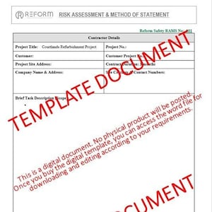 Könnte beinhalten: Eine schwarz-weiße druckbare Risikobewertungs- und Methodenvorlage. Die Vorlage enthält Abschnitte für Vertragsdetails, kurze Aufgabenbeschreibung, Risikobewertungsdetails, Methodenbeschreibung, PSA-spezifische Angaben, PSA-spezifische Aufgaben, Projektschulungsanforderungen, Notfall, Erste-Hilfe-Verfahren und Wiederherstellungsplan.