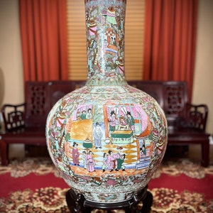 Large Chinese Famille Rose Floor Vase with Wood Stand – Porcelain, Qing-Style, Qianlong Mark - Asian Antique Art, Vintage Home Decor