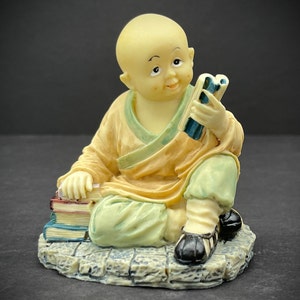 Chinese Young Shaolin Monk Figurine Buddhist Statue #8 Kung Fu Martial Arts Books Child Boy Figure Bonsai Oriental Asian Decor Vintage 4&quot;