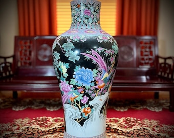 Large Chinese Porcelain Floor Vase – Wucai Peony & Phoenix Bird Design – Asian Chinoiserie Pottery, Oriental Home Decor, Asian Antique Art