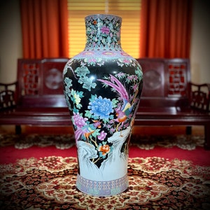 Large Chinese Porcelain Floor Vase – Wucai Peony & Phoenix Bird Design – Asian Chinoiserie Pottery, Oriental Home Decor, Asian Antique Art