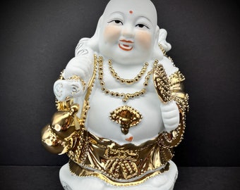 Chinese Happy Lucky Buddha Figurine White Porcelain Statue Gilded Gold Laughing Budai Hotei Figure Asian Chinoiserie Feng Shui Vintage 8"