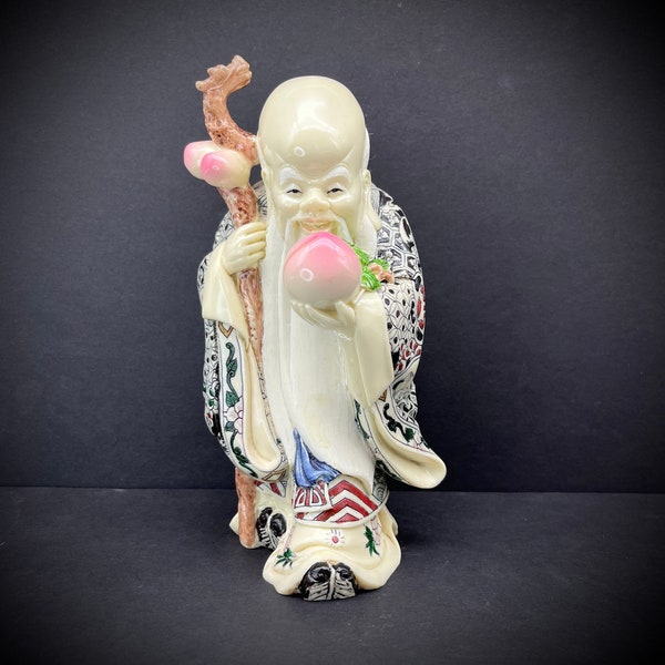 Chinese God of Longevity ShouXing Figurine, Fu Lu Shou Three Stars God Statue, High-Quality Ivory Resin Sculpture Asian 壽星 SIGNED Vintage 9”