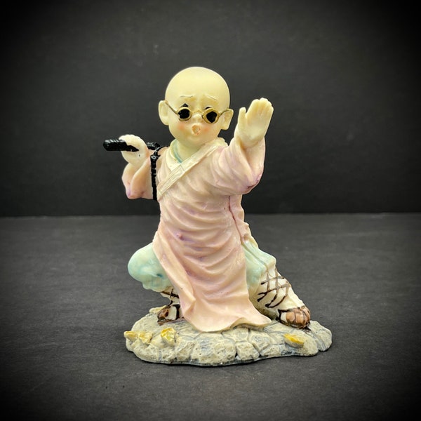 Chinese Young Shaolin Monk Statue Buddhist Figurine #2 Kung Fu Martial Arts Nunchucks Child Boy Bonsai Figure Oriental Asian Vintage 4.75"