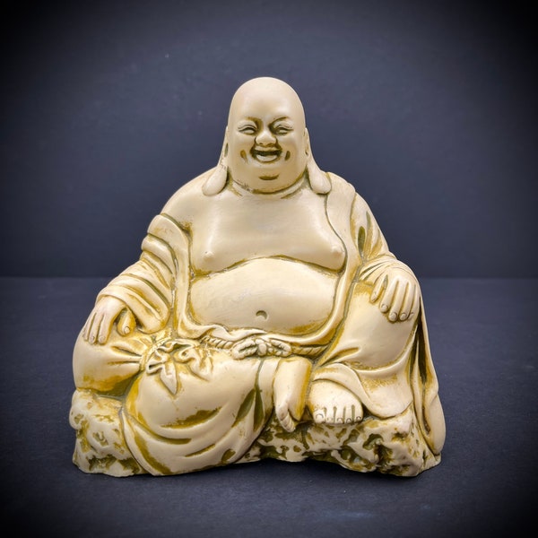 Chinese Laughing Happy Buddha Figurine Ivory Resin Statue Sitting Sculpture Lucky Budai Japanese Hotei Oriental Asian Decor Vintage 5.75"